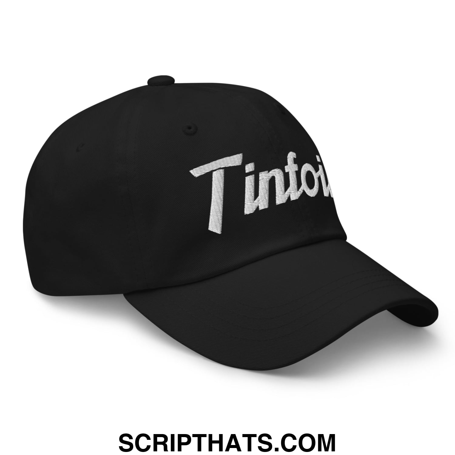 Black unstructured dad hat with white embroidered tintoi script logo in a sporty casual style