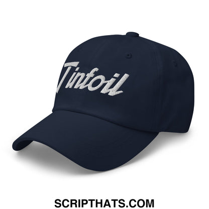 Navy blue tinfoil sports script embroidered unstructured dad hat baseball cap with white logo stitching