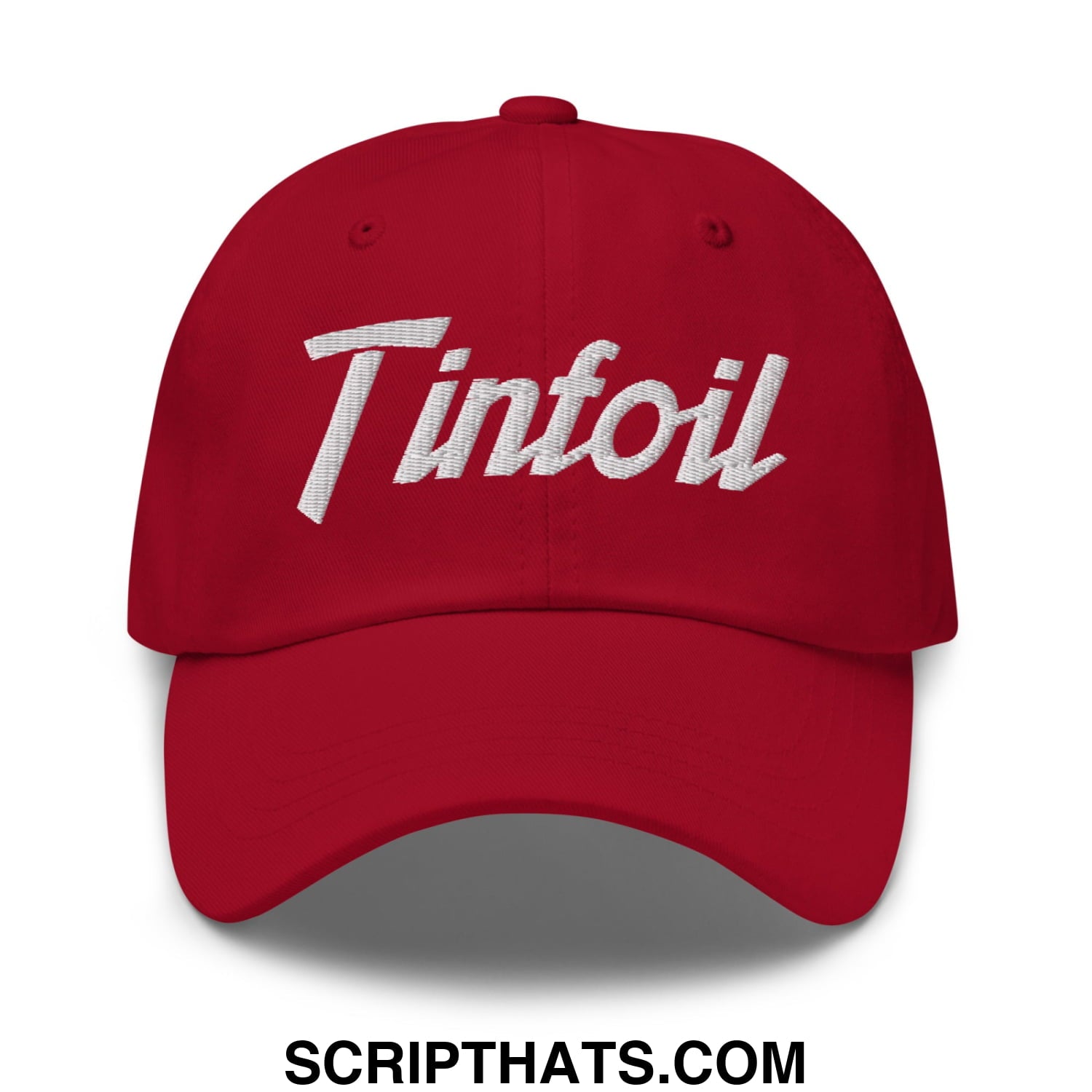 Red baseball dad hat with white embroidered tinfoil sports script logo in unstructured design
