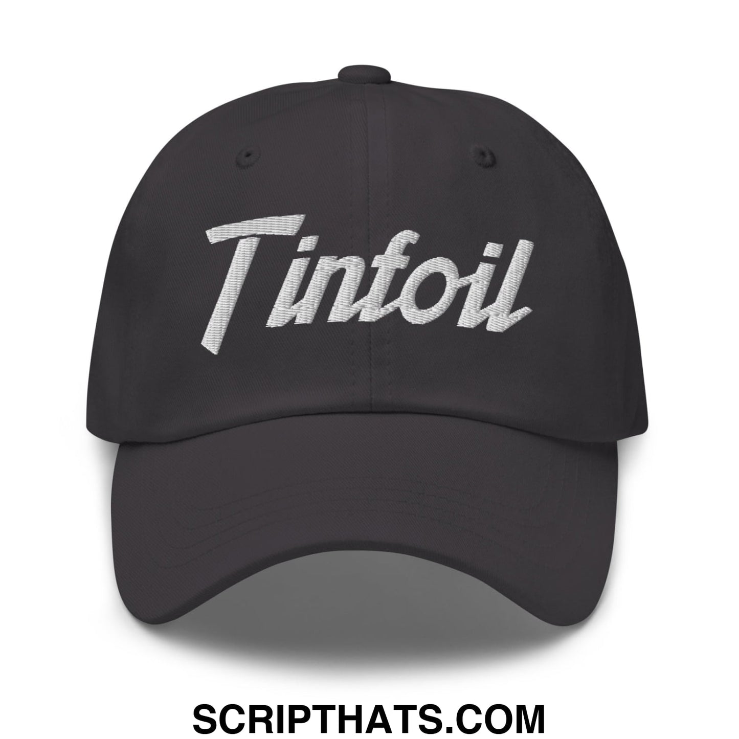 Black unstructured dad hat with white embroidered tintfoil logo in sports script style