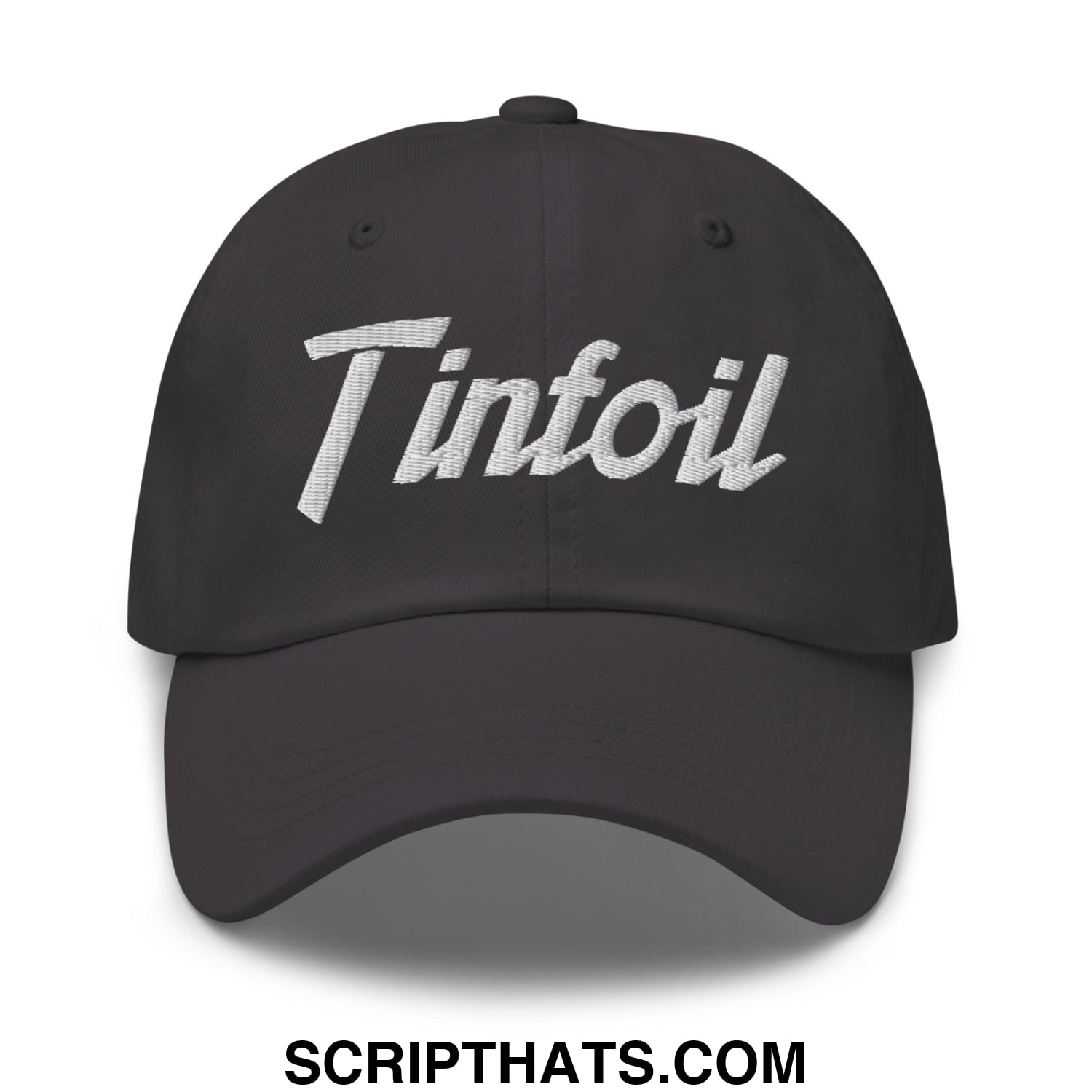 Black unstructured dad hat with white embroidered tintfoil logo in sports script style