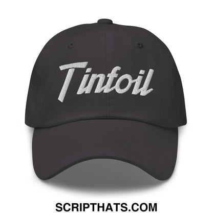 Black unstructured dad hat with white embroidered tintfoil logo in sports script style