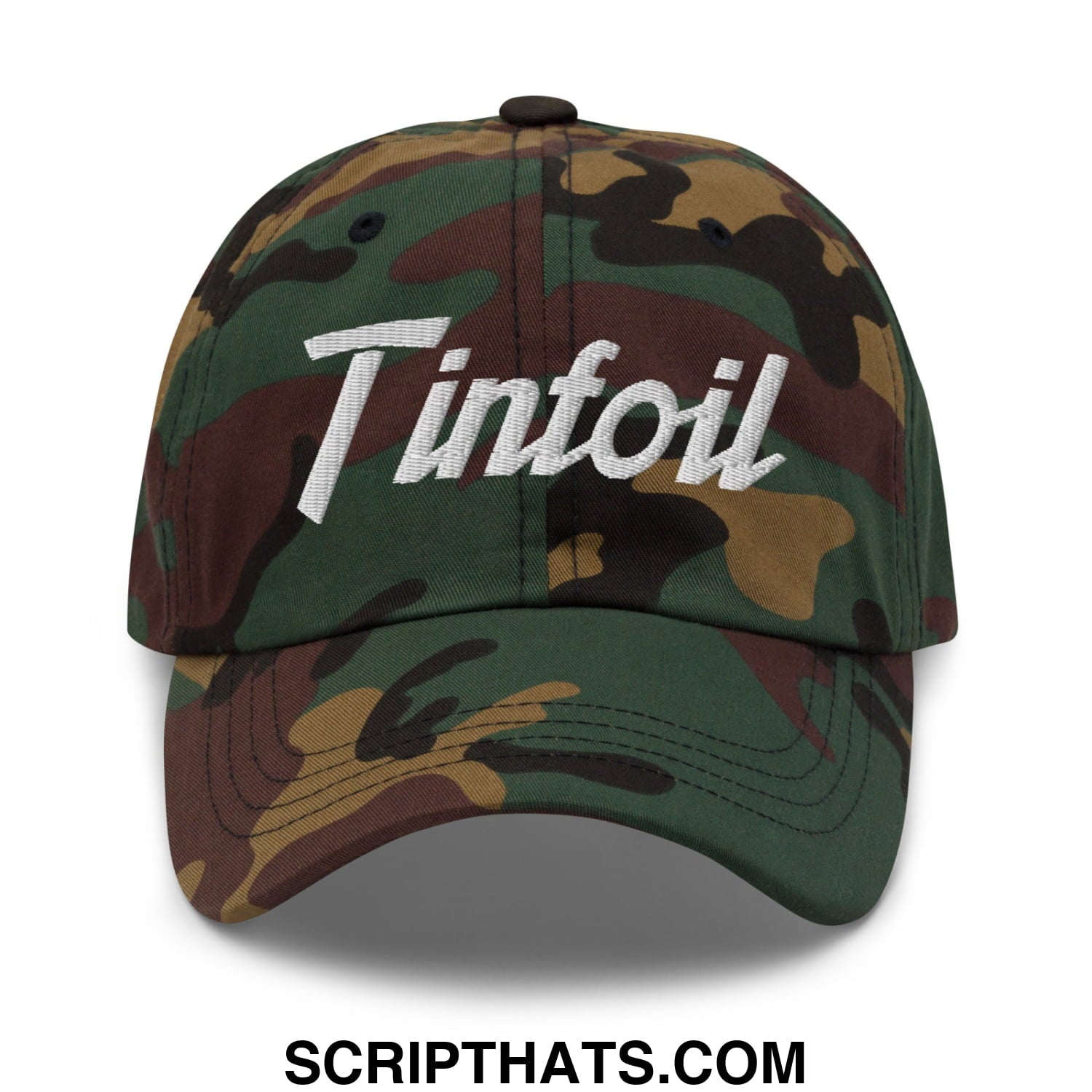 A camouflage unstructured dad hat with a white embroidered tinfoil logo for sportswear and casual use