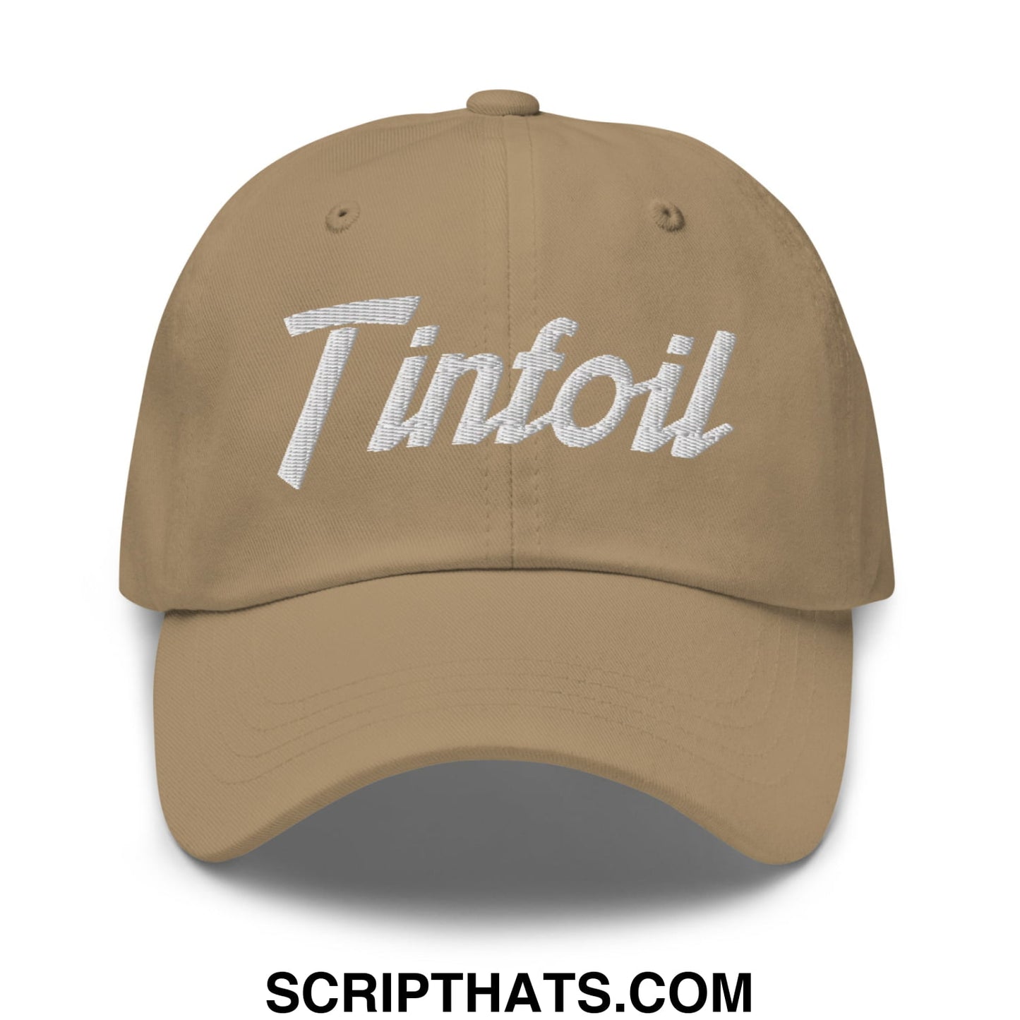 Tan unstructured dad hat featuring white embroidered tinfoil script ideal for casual sportswear and outdoor use