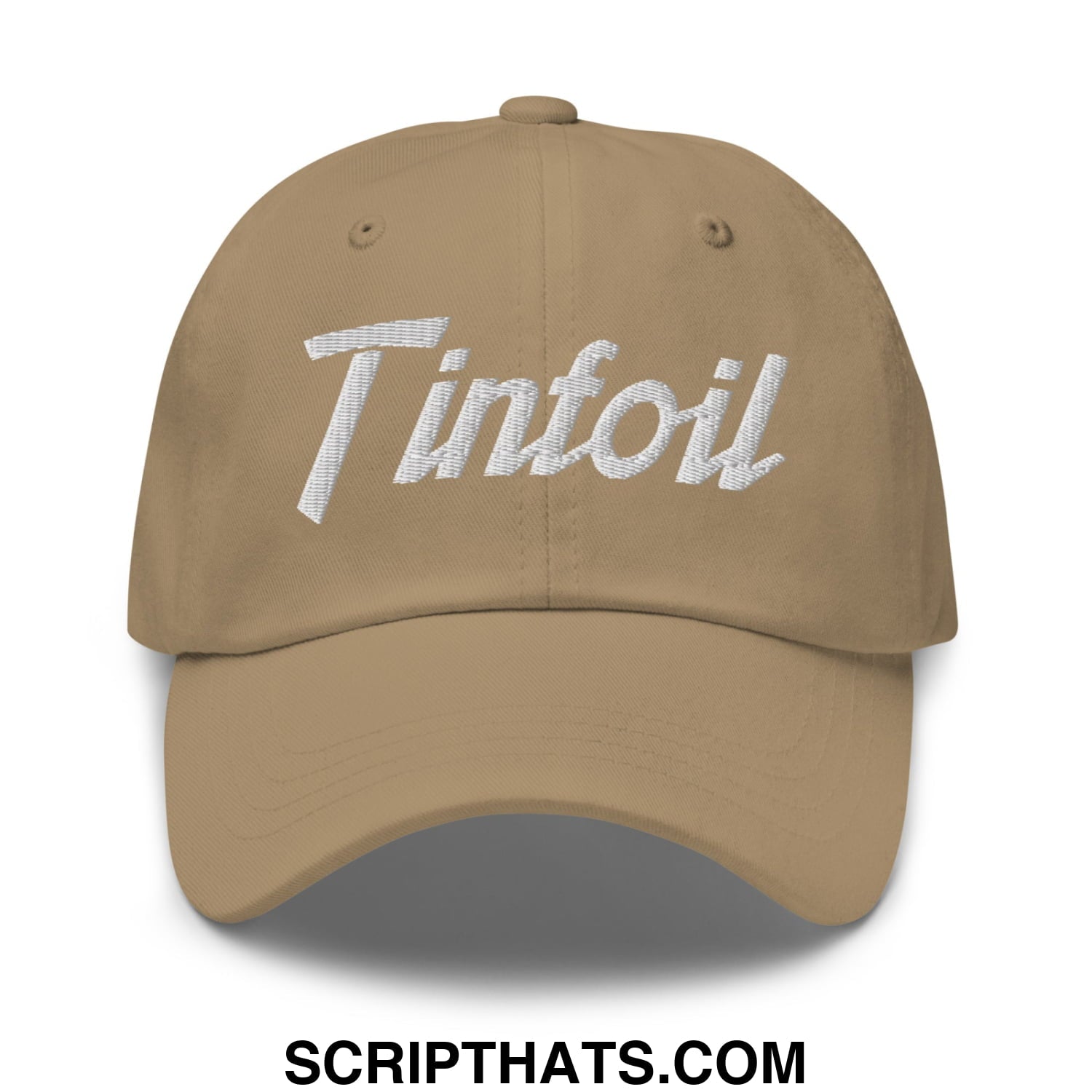 Tan unstructured dad hat featuring white embroidered tinfoil script ideal for casual sportswear and outdoor use