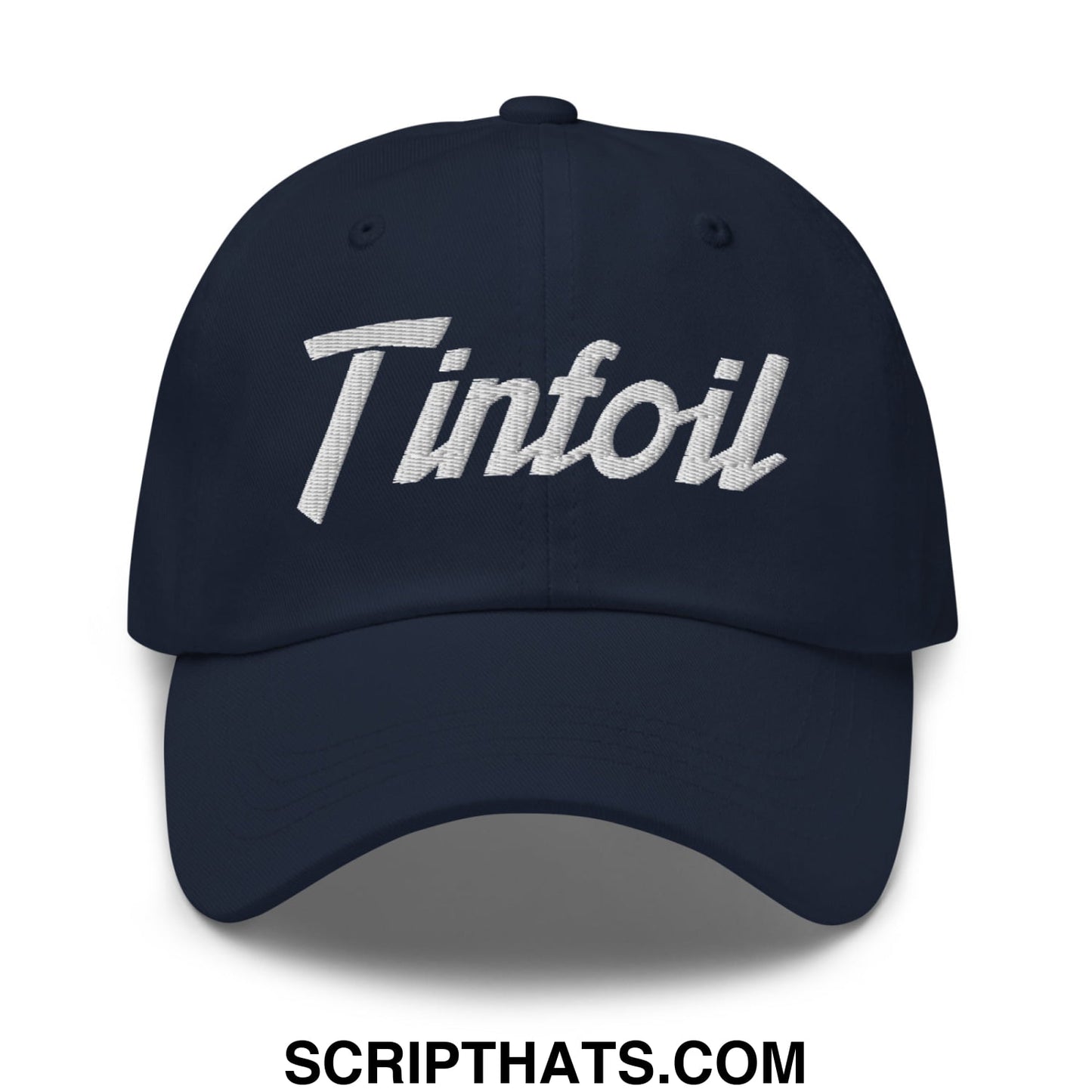 Navy blue tinfoil sports script embroidered unstructured dad hat with white stitching on the front