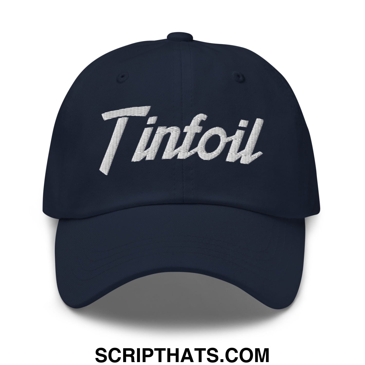 Navy blue tinfoil sports script embroidered unstructured dad hat with white stitching on the front