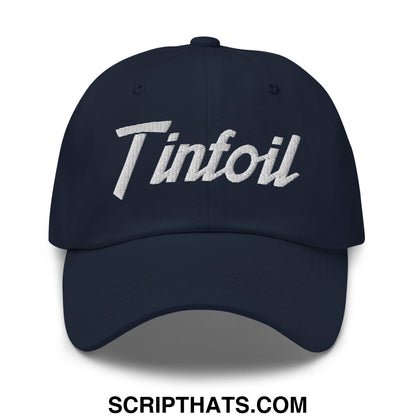 Navy blue tinfoil sports script embroidered unstructured dad hat with white stitching on the front