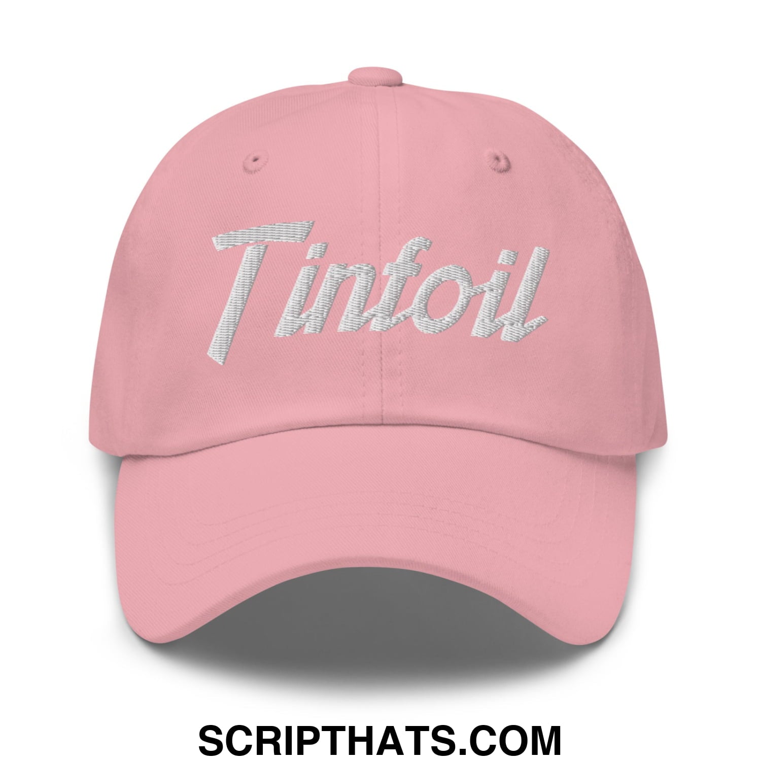 A soft pink unstructured dad hat with tintfoil embroidered in shimmering silver metallic thread on the front