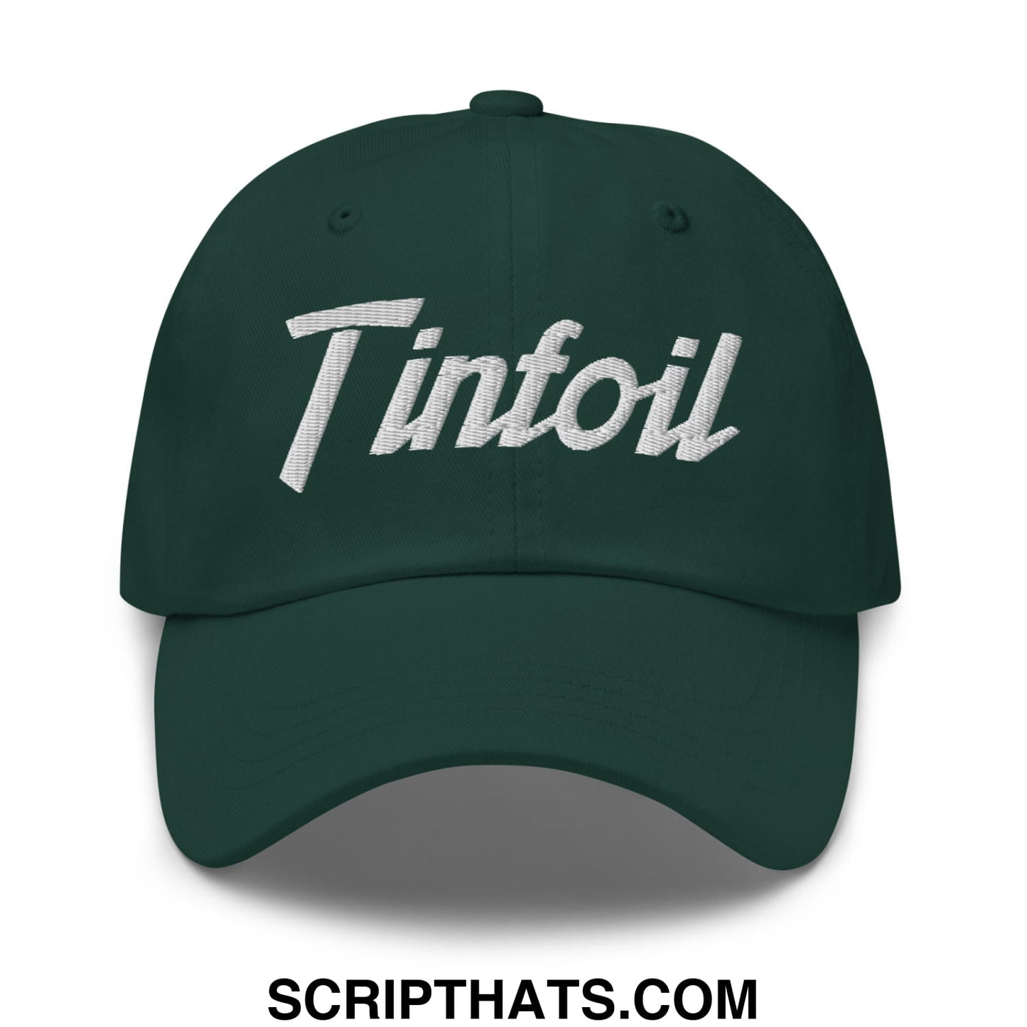 Dark green unstructured dad hat with white embroidered tintfoil sports script across the front