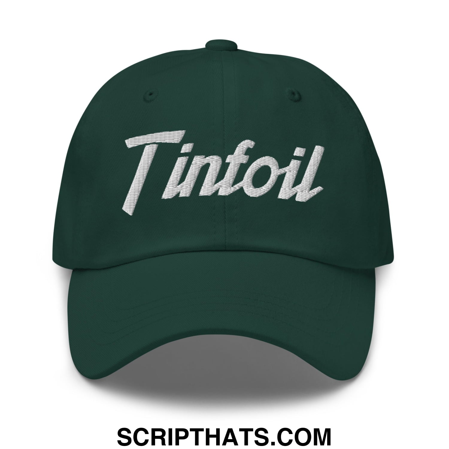 Dark green unstructured dad hat with white embroidered tintfoil sports script across the front