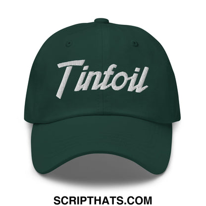 Dark green unstructured dad hat with white embroidered tintfoil sports script across the front
