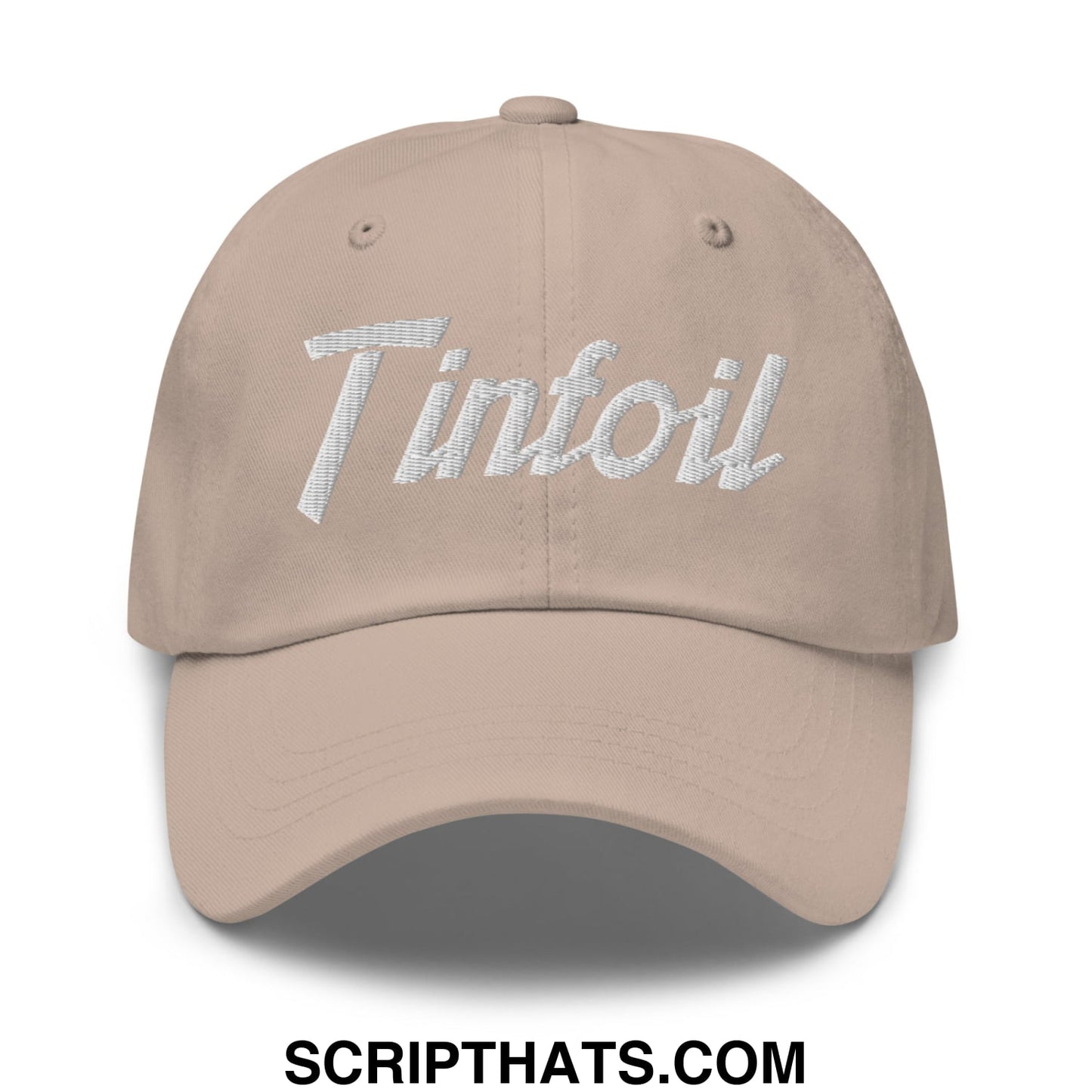 Beige tinfoil sports script embroidered unstructured dad hat with white logo embroidery on the front