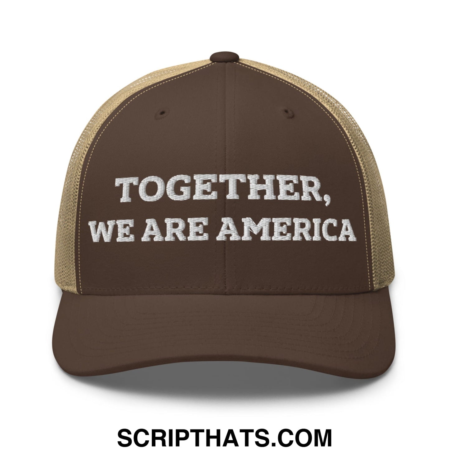 Together, We Are America Embroidered Mesh Trucker Hat Brown Khaki
