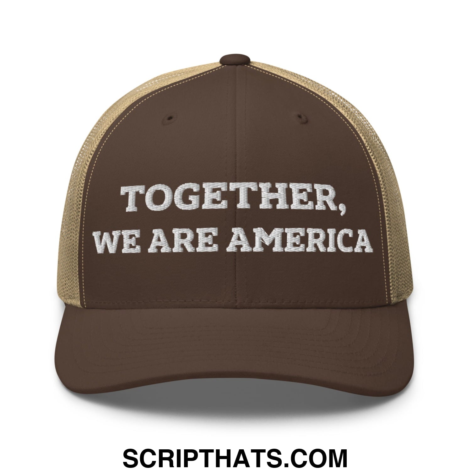 Together, We Are America Embroidered Mesh Trucker Hat Brown Khaki