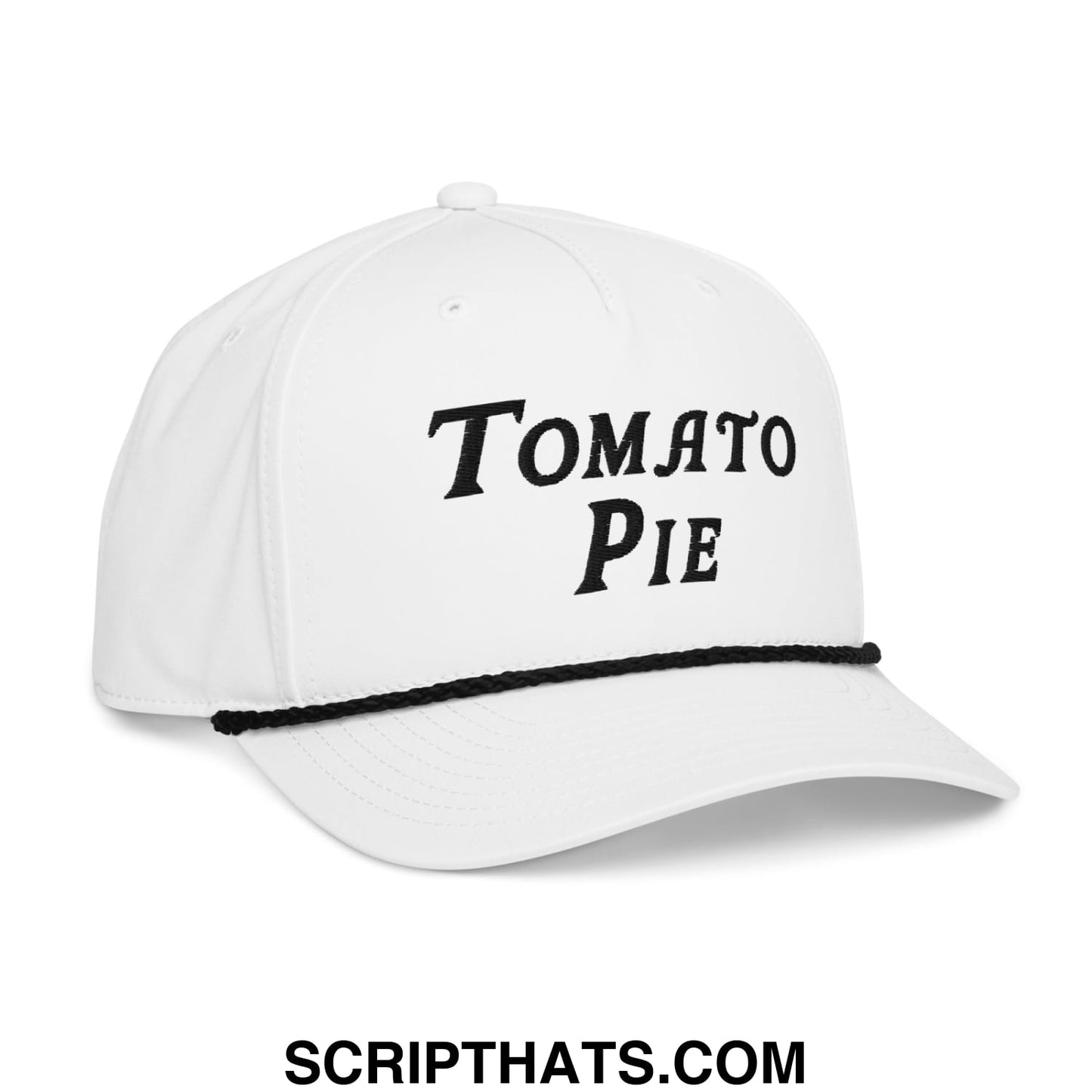 White baseball cap with black embroidered tomato pie text and matching black stitched brim for golf use