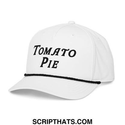 White cotton baseball cap with black embroidered tomato pie text and matching black brim stripe for golf use