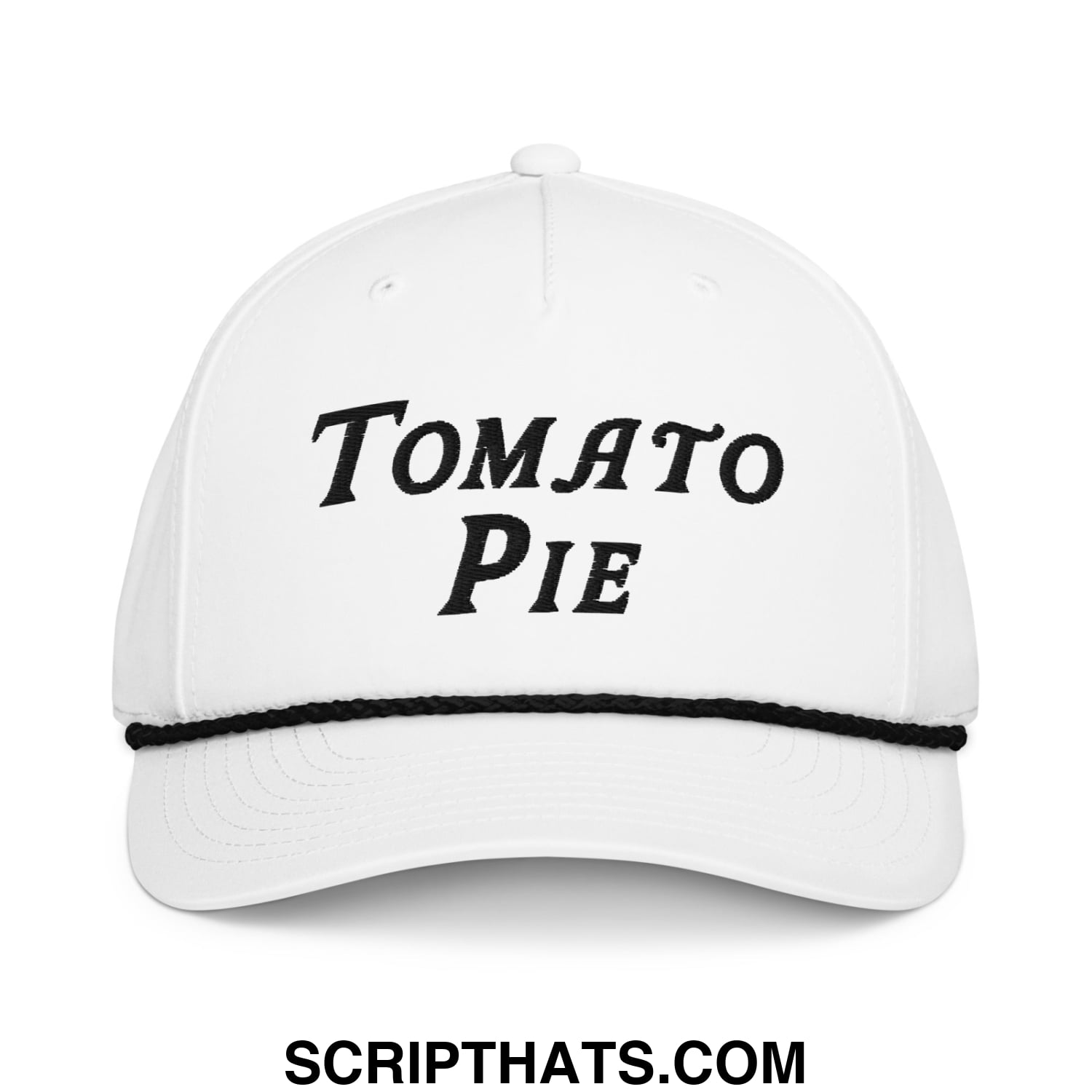 White baseball cap with black embroidered tomato pie text and black brim trim ideal for golf rope hat style