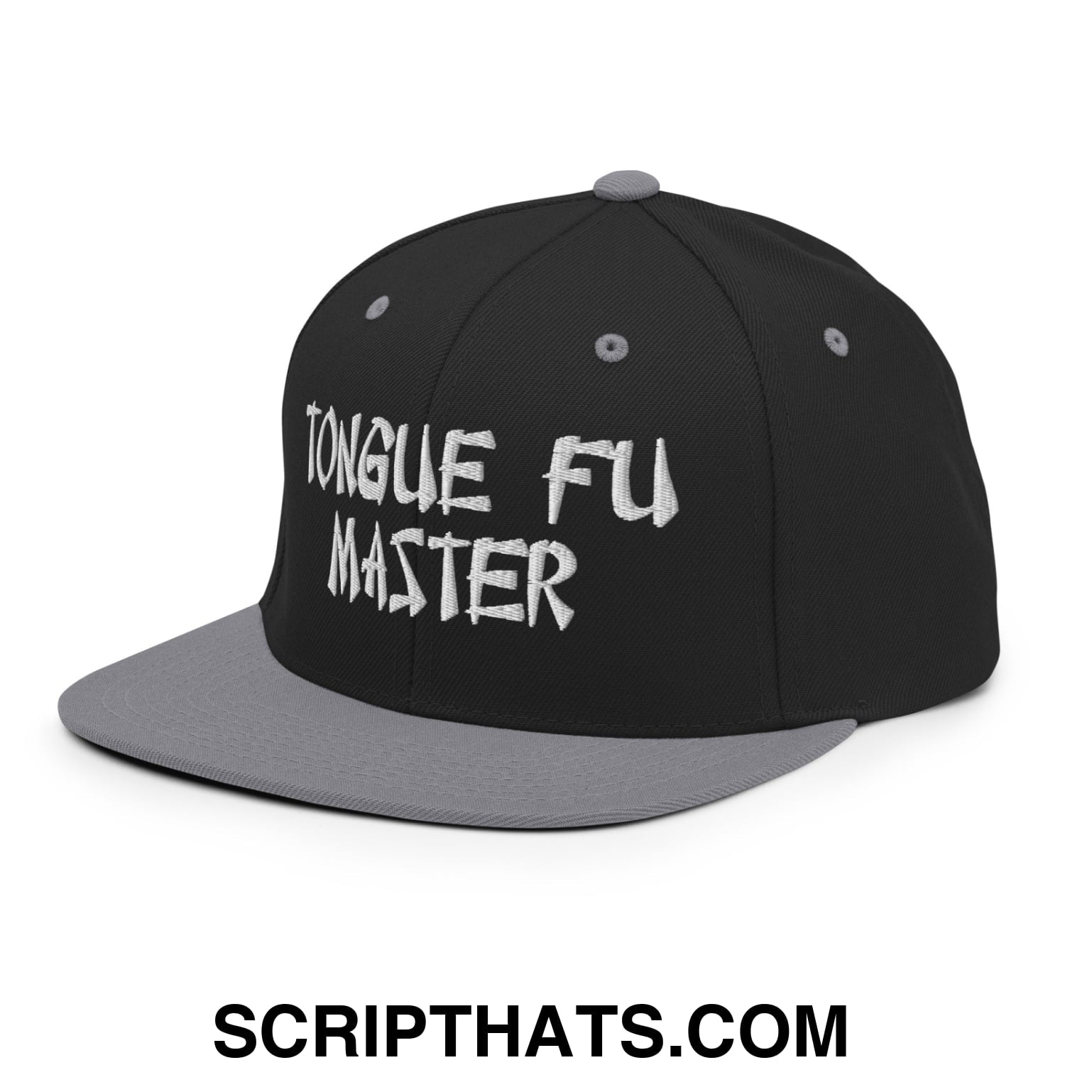 Tonque Fu Master Embroidered Flat Bill Brim Snapback Hat Black Silver