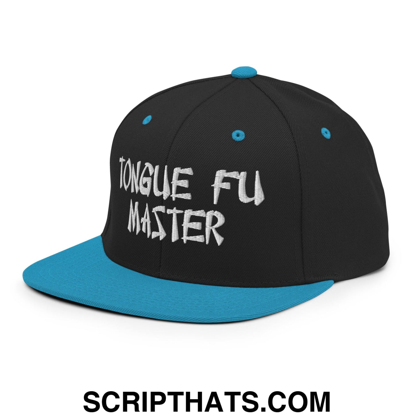 Tonque Fu Master Embroidered Flat Bill Brim Snapback Hat Black Teal