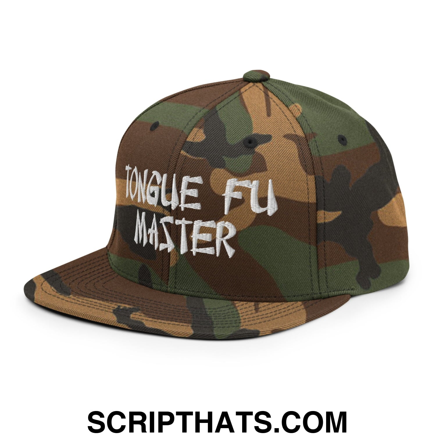 Tonque Fu Master Embroidered Flat Bill Brim Snapback Hat Green Camo