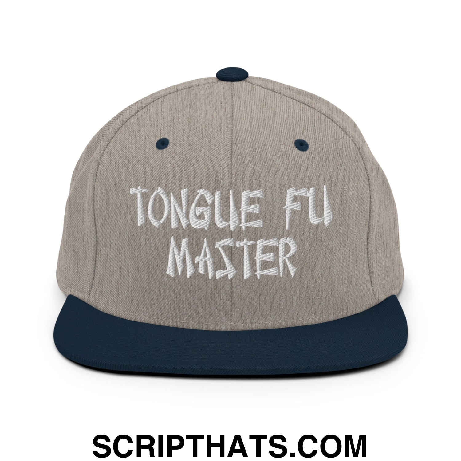 Tonque Fu Master Embroidered Flat Bill Brim Snapback Hat Heather Grey Navy