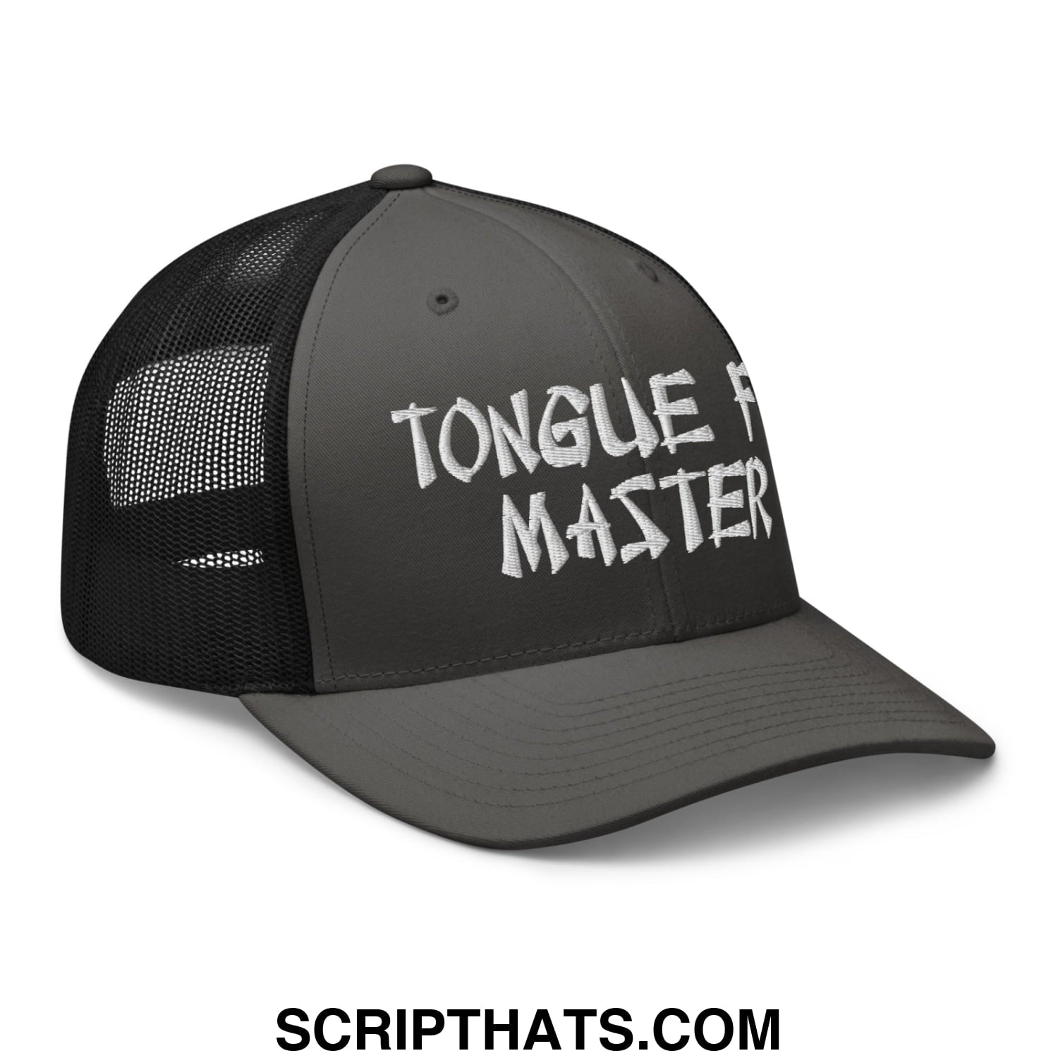 Tonque Fu Master Embroidered Mesh Trucker Hat Charcoal Black