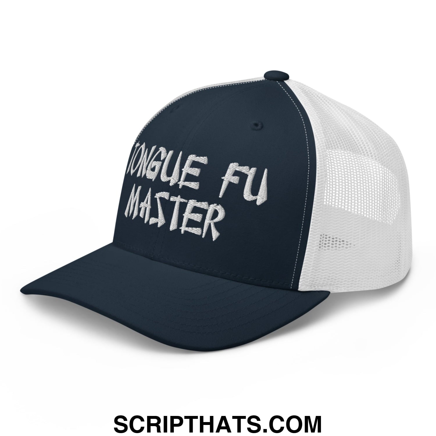Tonque Fu Master Embroidered Mesh Trucker Hat Navy White