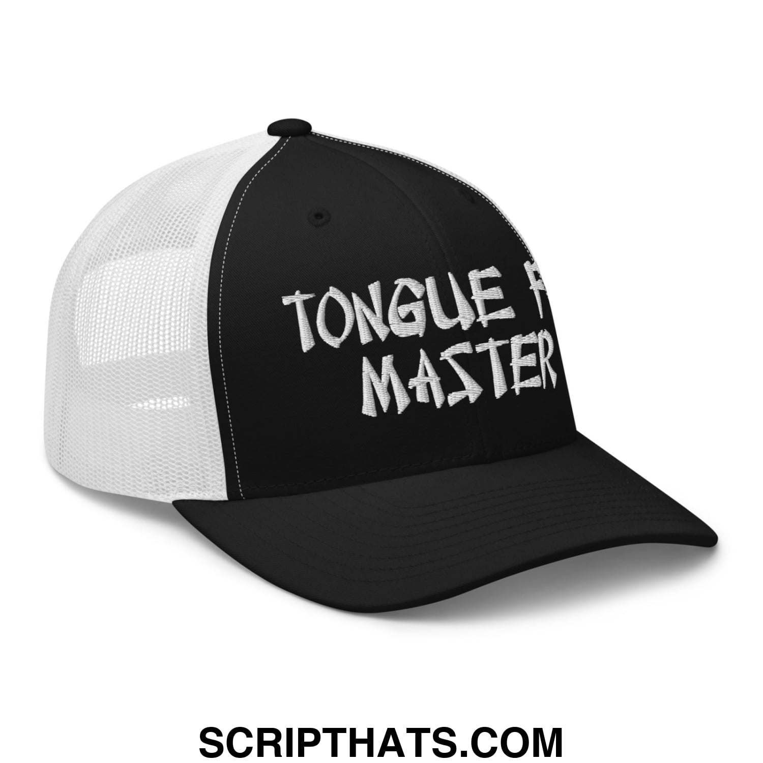 Tonque Fu Master Embroidered Mesh Trucker Hat Black White
