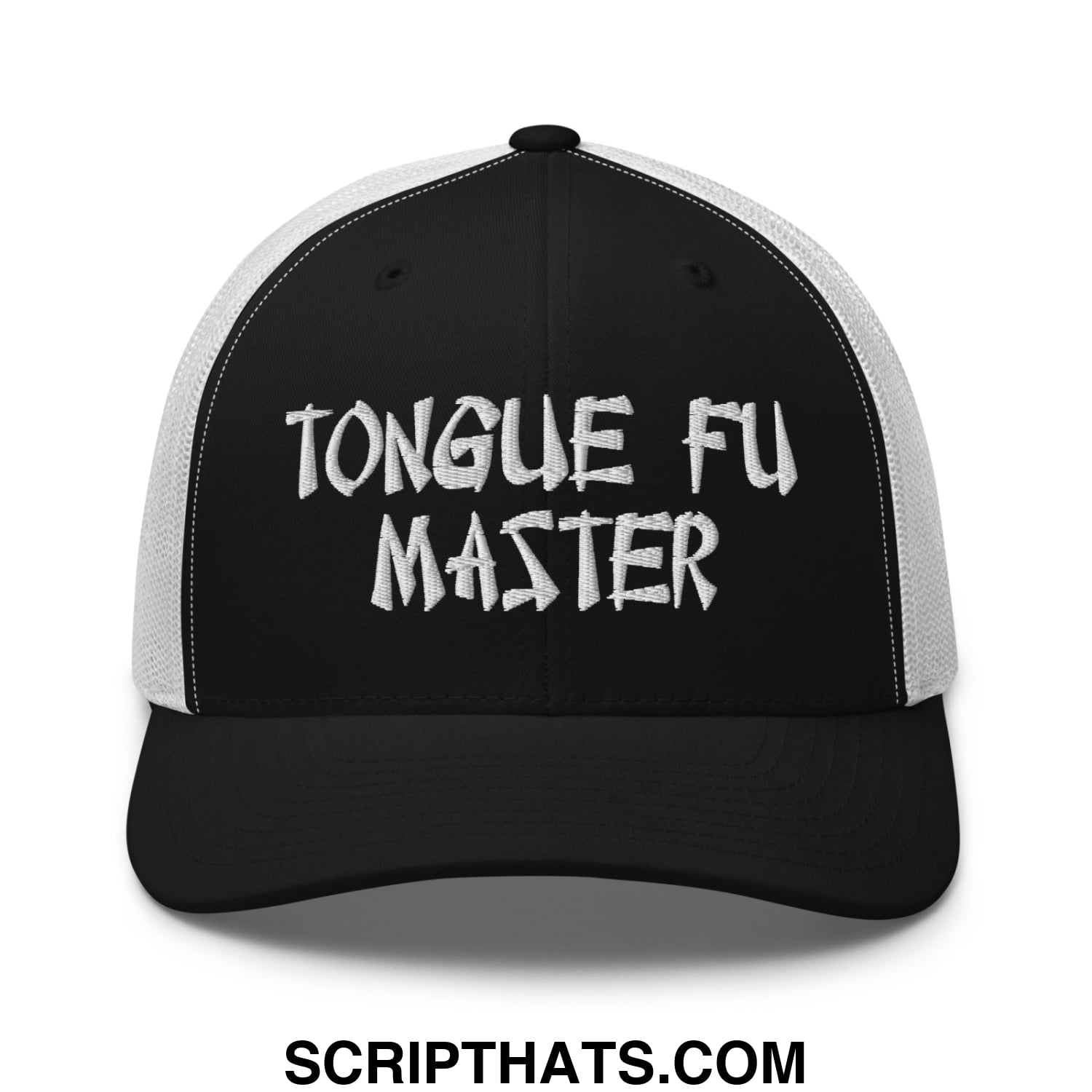 Tonque Fu Master Embroidered Mesh Trucker Hat Black White