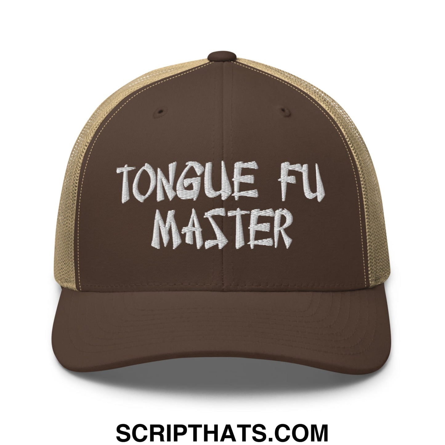 Tonque Fu Master Embroidered Mesh Trucker Hat Brown Khaki