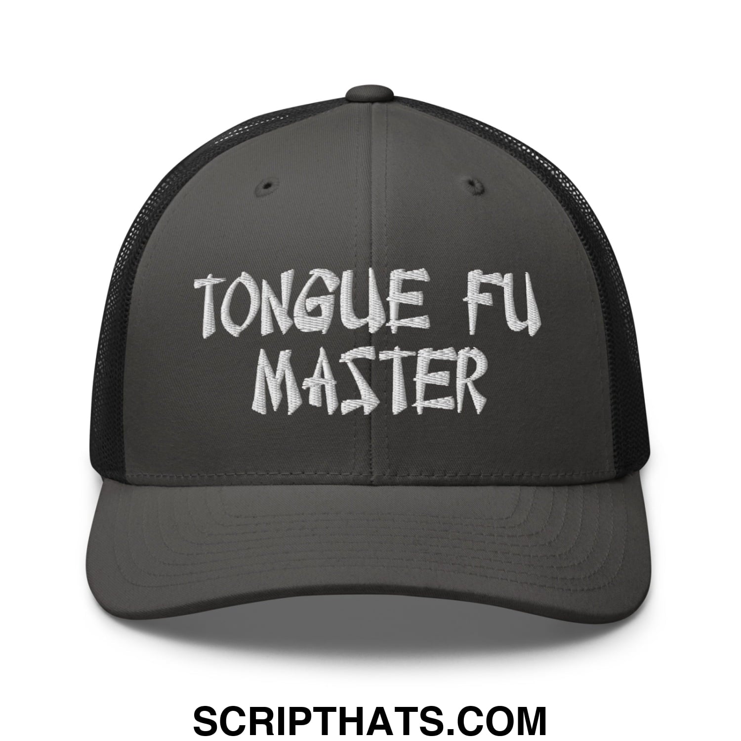 Tonque Fu Master Embroidered Mesh Trucker Hat Charcoal Black
