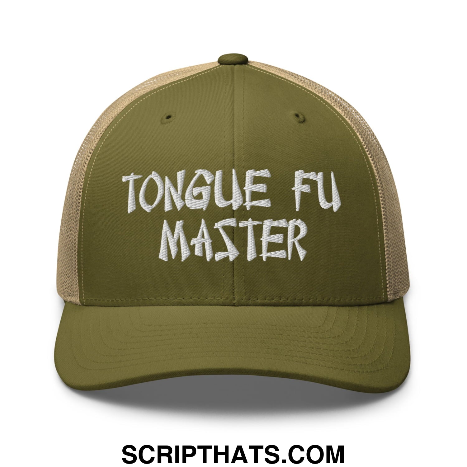Tonque Fu Master Embroidered Mesh Trucker Hat Moss Khaki