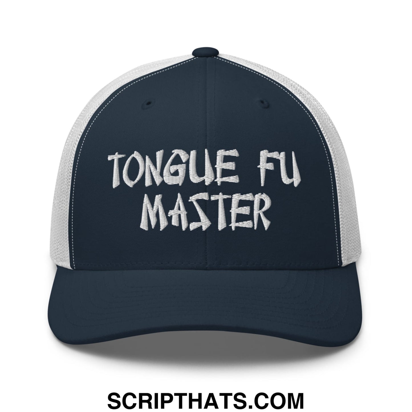 Tonque Fu Master Embroidered Mesh Trucker Hat Navy White