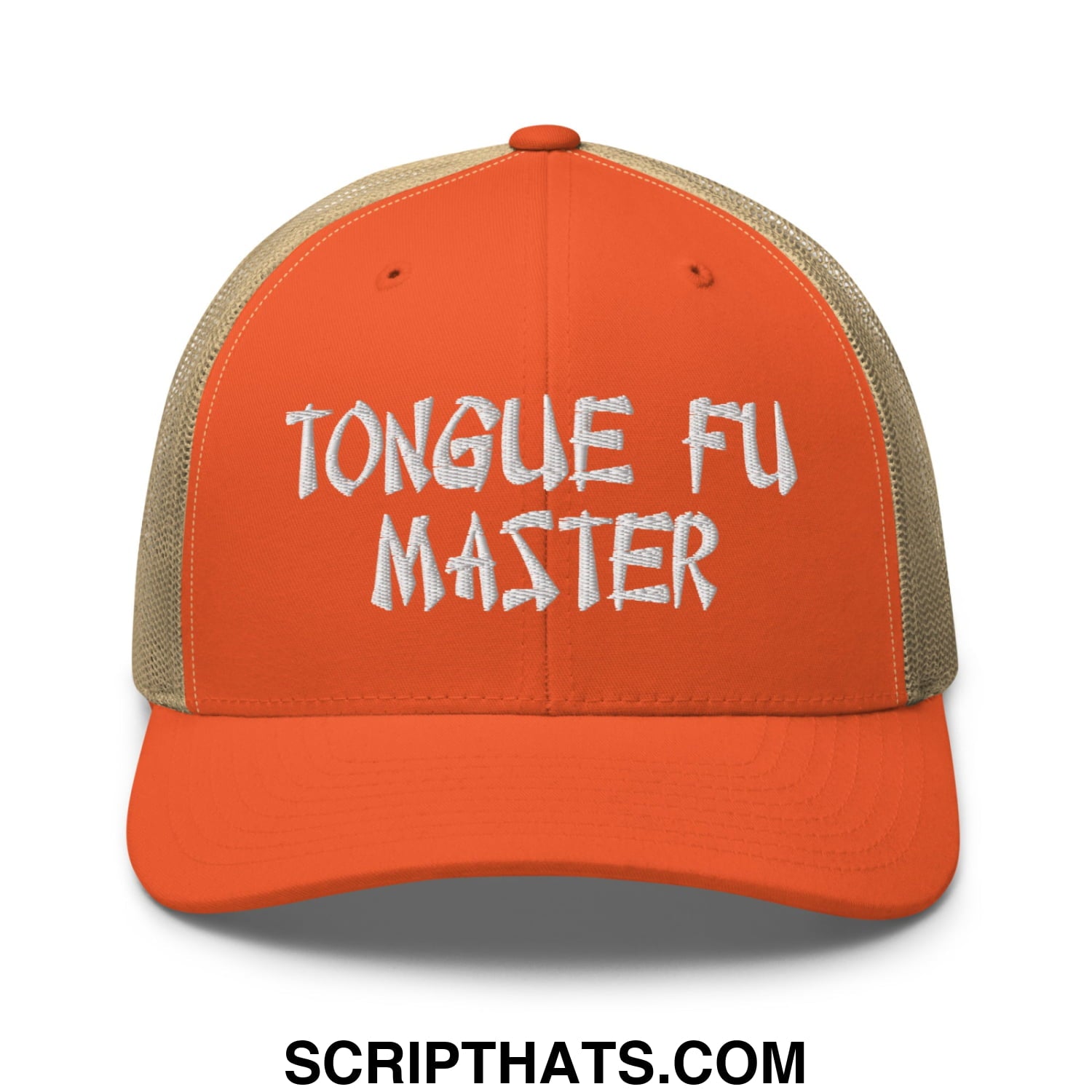 Tonque Fu Master Embroidered Mesh Trucker Hat Rustic Orange Khaki
