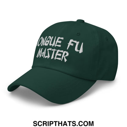 Dark green tonque fu master embroidered unstructured dad hat with white text on the front panel