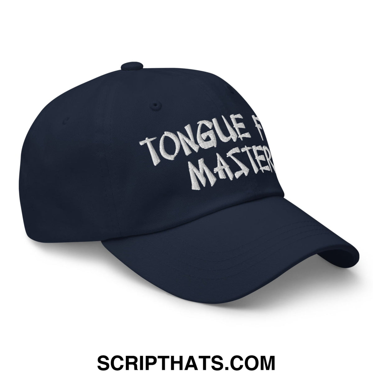 Navy blue unstructured dad hat with white embroidered tongue master text for casual wear