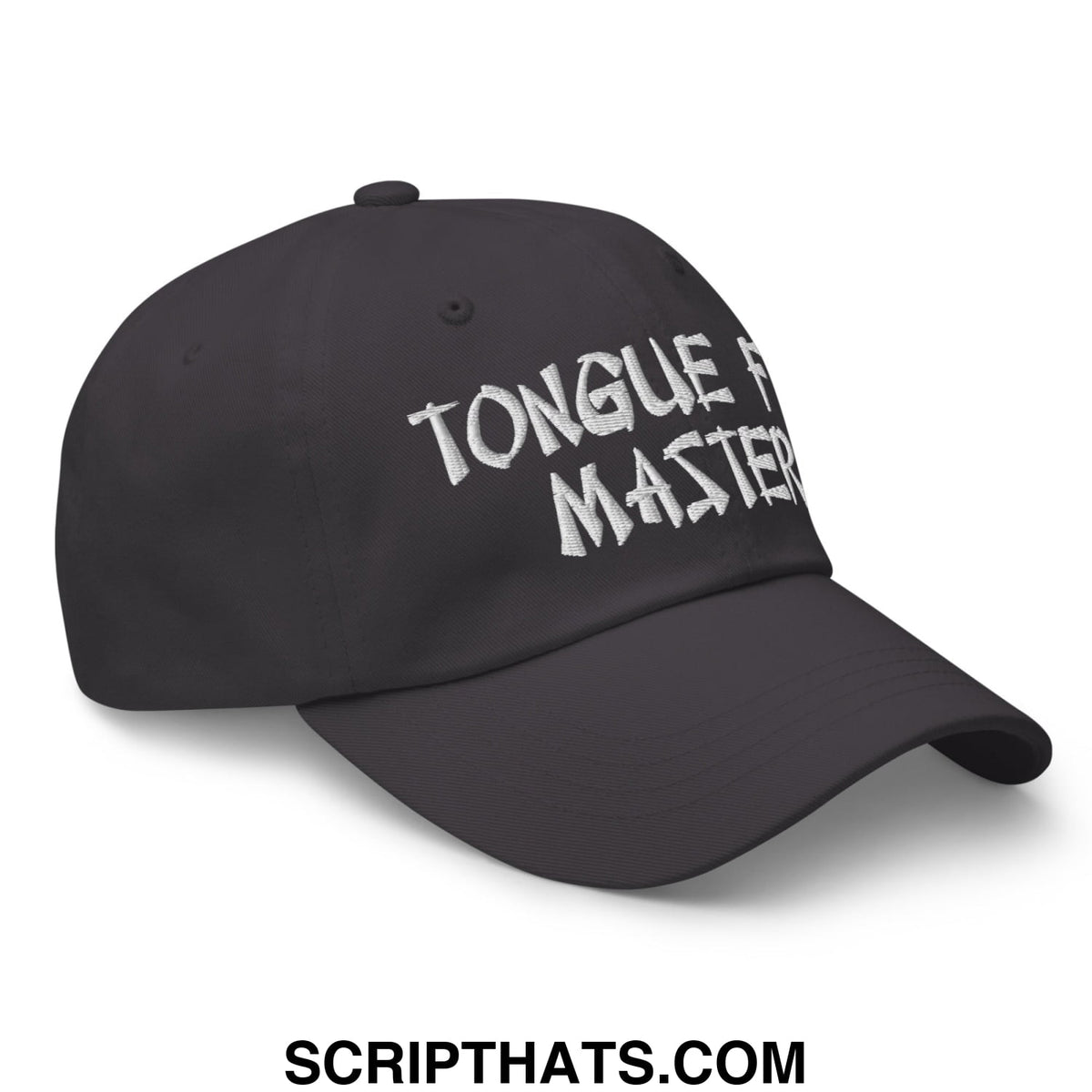 Black unstructured dad hat with white embroidered tongue master text titled tongue fu master embroidered dad hat