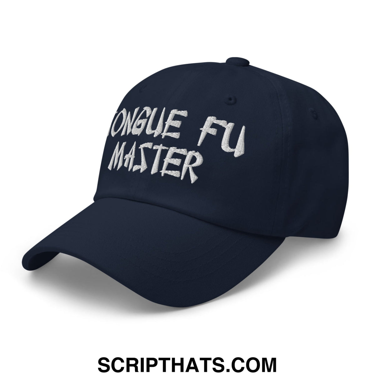 Navy blue unstructured dad hat with white embroidered tongue fu master text featuring a tonal fabric design