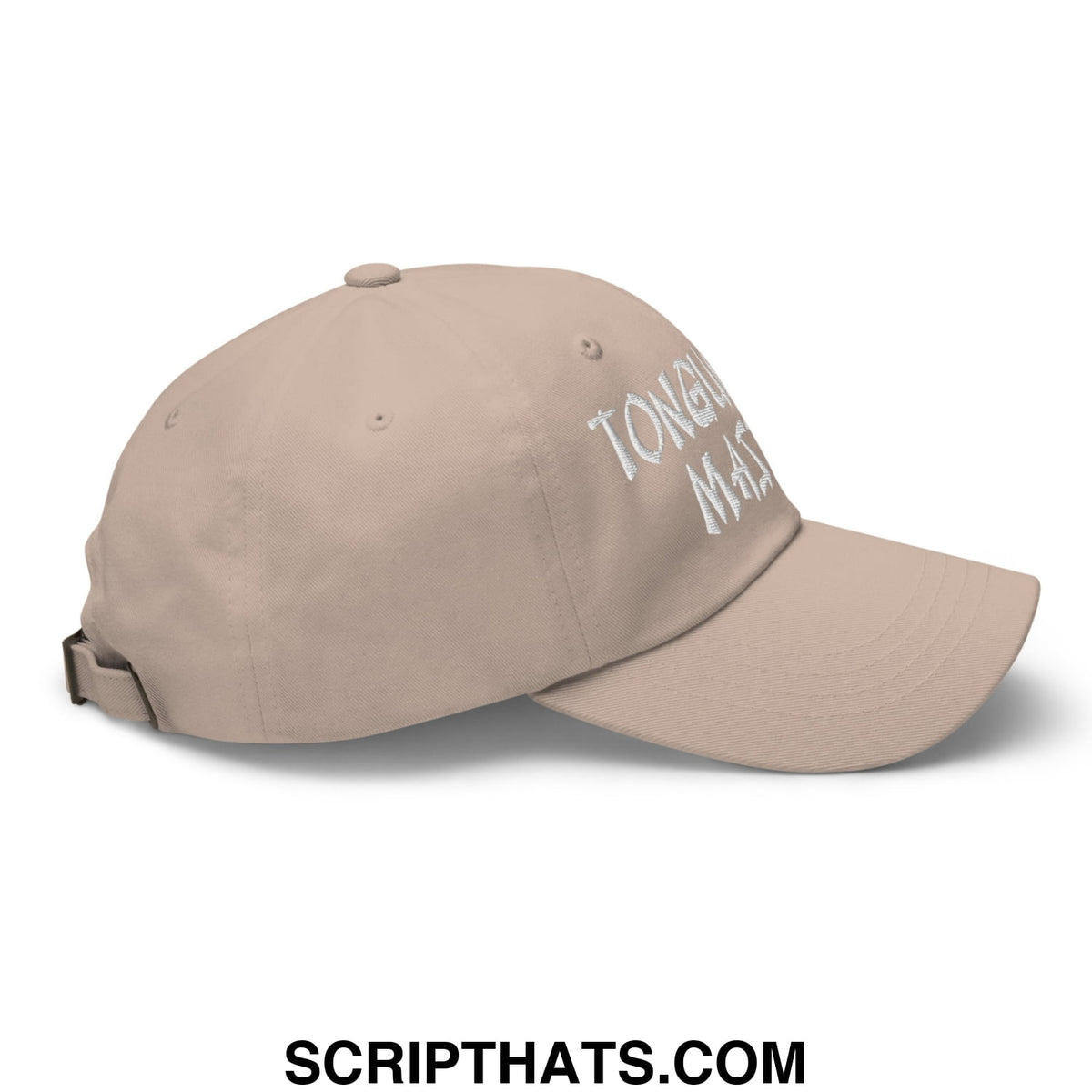 Beige Tonque Fu Master embroidered unstructured dad hat with white tongue massage text on the front panel