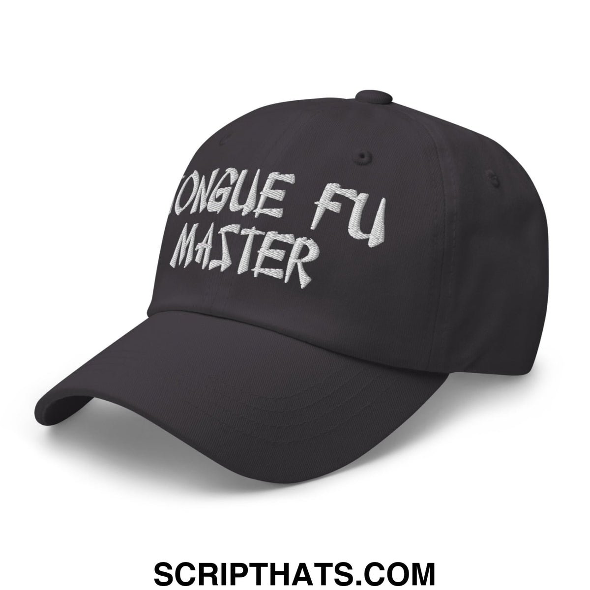 Black unstructured dad hat with white embroidered tongue fu master text in a tonal fabric design