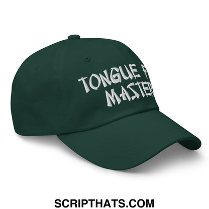 Dark green unstructured dad hat with white embroidered tongue master text featuring tonque fu master design