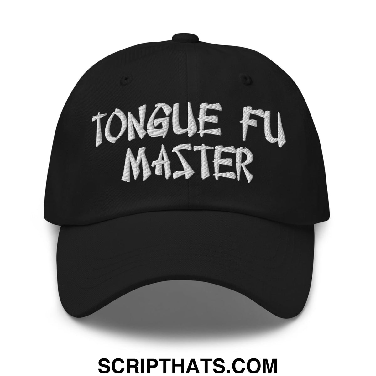 Black unstructured dad hat with white embroidered tongue fu master text ideal for casual wear