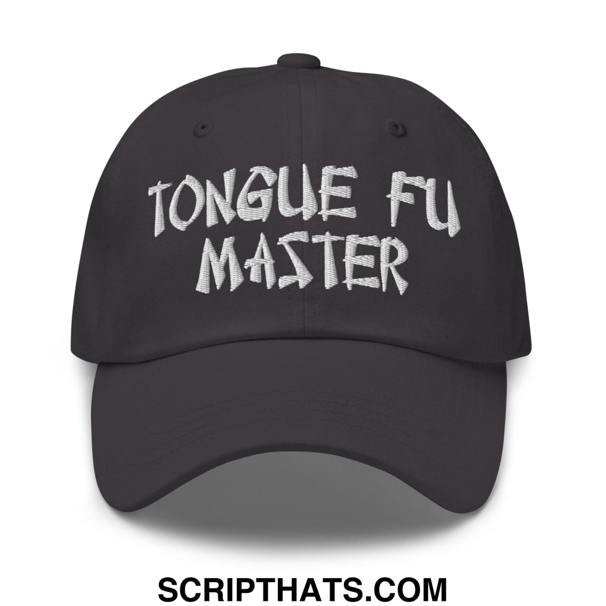 Black unstructured dad hat with white embroidered tongue fu master text perfect for casual wear