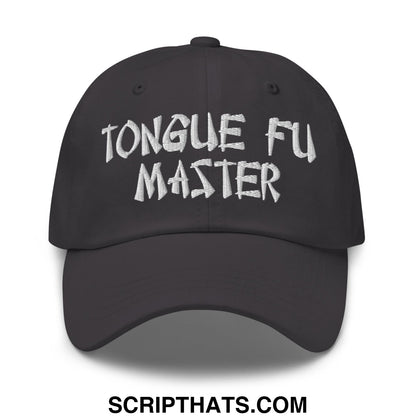 Black unstructured dad hat with white embroidered tongue fu master text perfect for casual wear