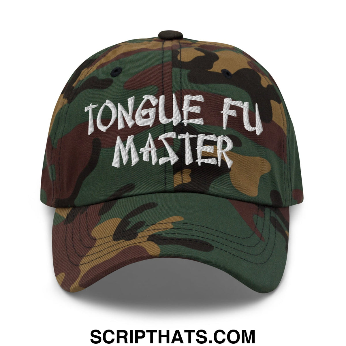 A camouflage unstructured dad hat with tongue fu master embroidered in white ideal for casual wear