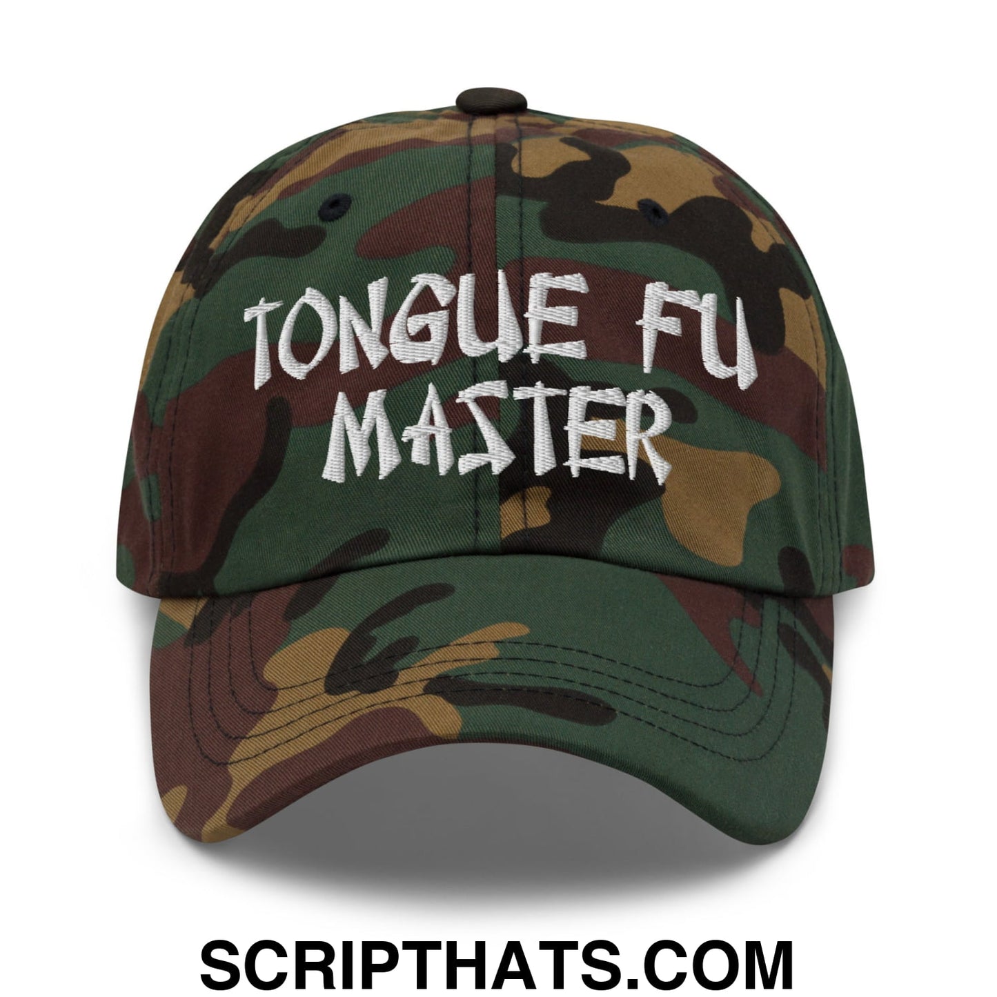 Tonque Fu Master Embroidered Unstructured Dad Hat Green Camo