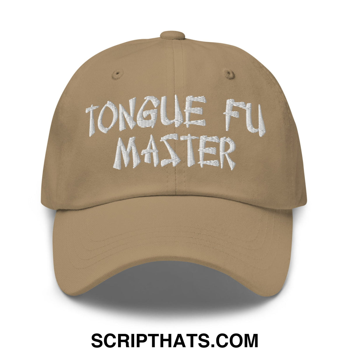Tan unstructured dad hat with white embroidered tongue fu master text for casual wear