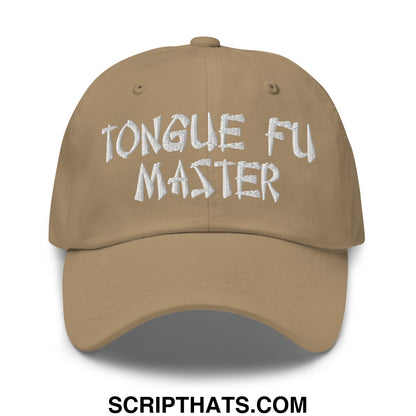 Tan unstructured dad hat with white embroidered tongue fu master text for casual wear