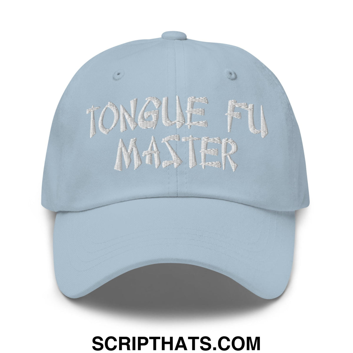 Light blue unstructured dad hat with white embroidered tongue fu master text for casual wear
